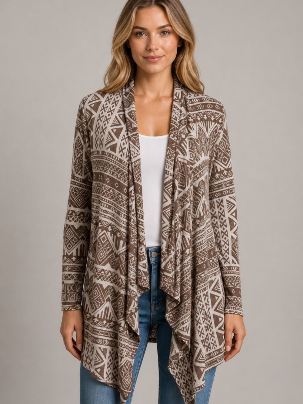 BLU-♥ 3X Brown Cream Geometric Waterfall Open Front Cardigan Plus Size